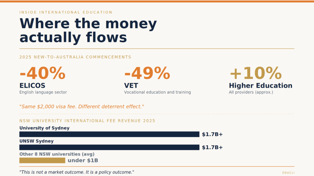 Chart showing concentration of Australian international student fee revenue in public universities while ELICOS and VET sectors contract in 2025